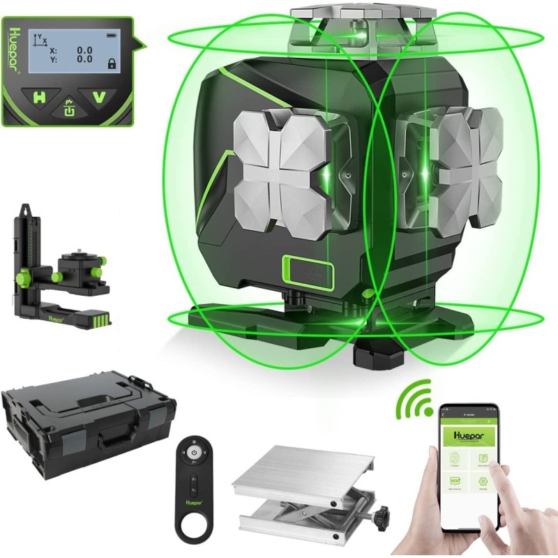 Huepar S04CG 4D Kreuzlinienlaser in SystemKoffer L-Boxx136 Set Mit 3m Teleskopstange L30-0, Stativ TPD14 und Empfänger LR-5RG