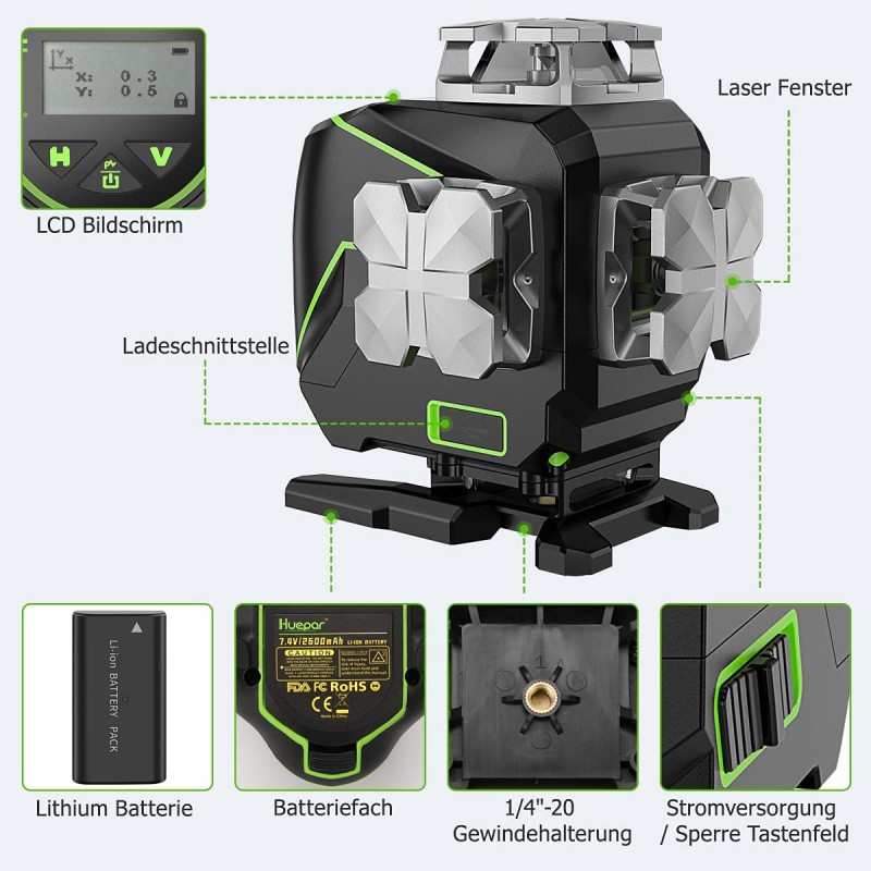 Huepar S04CG 4D Kreuzlinienlaser in SystemKoffer L-Boxx136 Set Mit 3m Teleskopstange L30-0, Stativ TPD14 und Empfänger LR-8RG