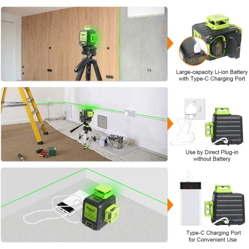 Huepar B03CG 3D Kreuzlinienlaser Lasermessgerät im Koffer Mit Stativ TPD14