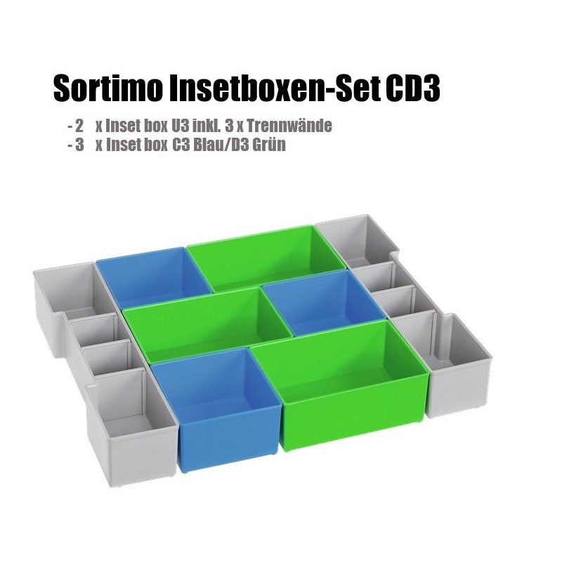 InsetBoxen Set CD3 Blau/Grün/Grau und Deckeleinlage Set für L-Boxx 102/ W-Boxx 102