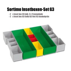 InsetBoxen Set G3 Dunkelgrün/Gelb/Rot/Grau und Deckeleinlage Set für L-Boxx 102/ W-Boxx 102