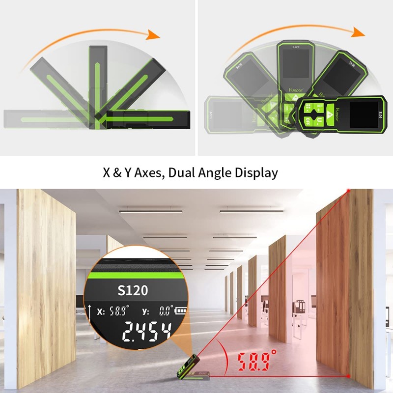 Huepar Entfernungsmesser mit wiederaufladbaren Akku und Doppelwinkel–Display (Roter Laserstrahl)