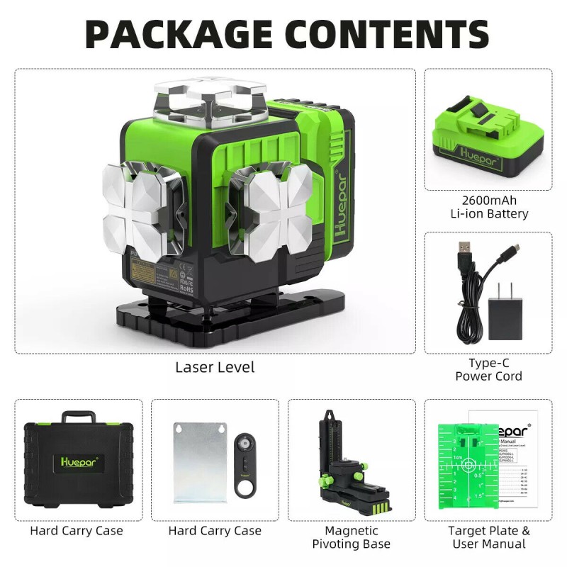 Huepar P04CG 4D selbstnivellierender Kreuzlinienlaser mit Fernbedienung im Koffer mit 3m Teleskopstange LP30-0 und Stativ TP14