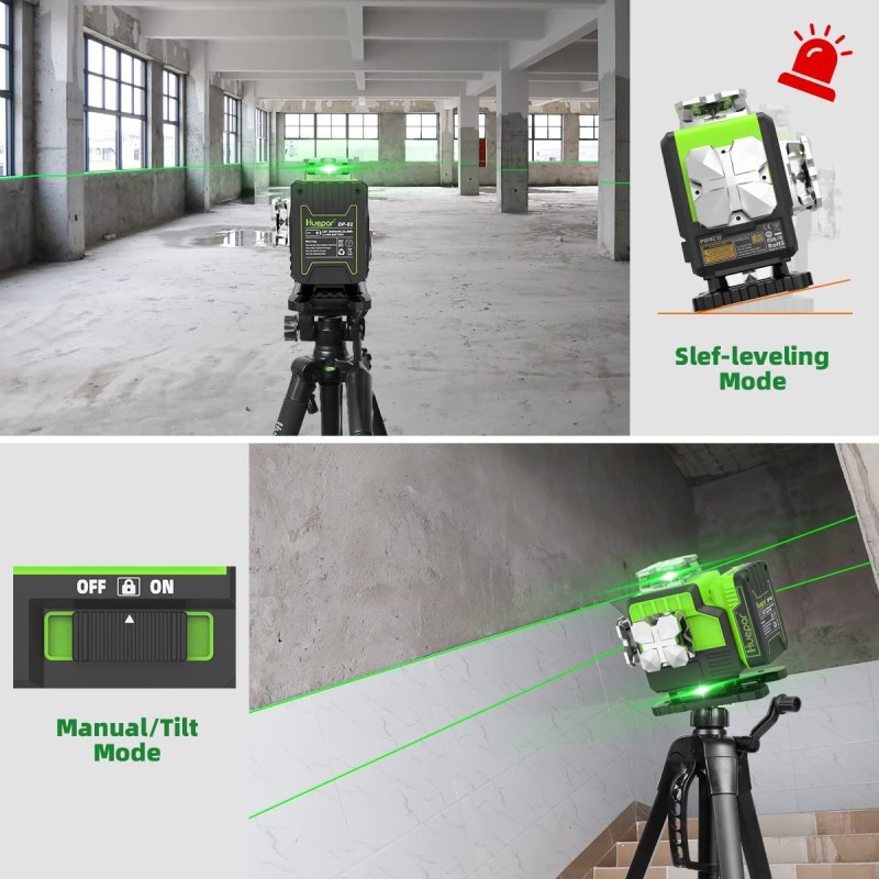 Huepar P04CG 4D selbstnivellierender Kreuzlinienlaser mit Fernbedienung im Koffer mit 3m Teleskopstange LP30-0 und Stativ TP14