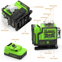 Huepar P04CG 4D selbstnivellierender Kreuzlinienlaser mit Fernbedienung im Koffer mit 3m Teleskopstange LP30-0 und Stativ TP14