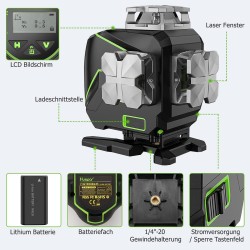 Huepar S04CG LCD-Bildschirm 4D Kreuzlinienlaser mit Halterung (Mit Klammer) und Hebebasis in L-Boxx