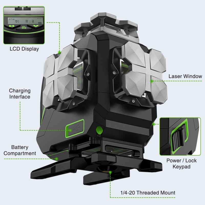 Huepar S04CG LCD-Bildschirm 4D Kreuzlinienlaser mit Halterung (Mit Klammer) und Hebebasis in L-Boxx